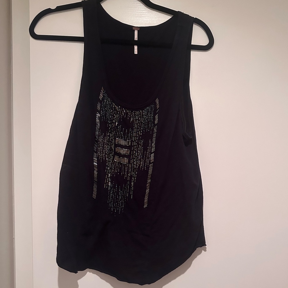 Free People Black Beaded Tank Top With Scoop Neck Size M